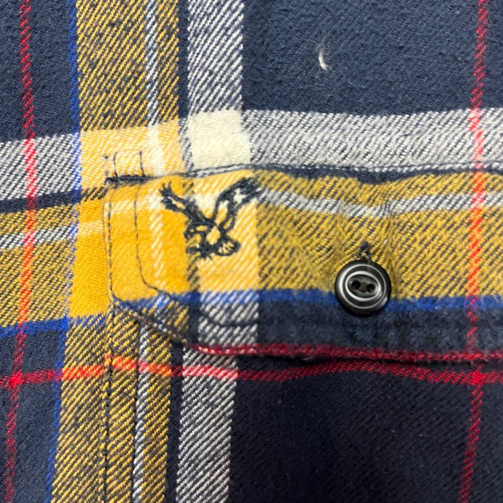 American Eagle Flannel Shirt Mens L Yellow Navy Plaid Athletic Fit Button Down - Picture 3 of 10